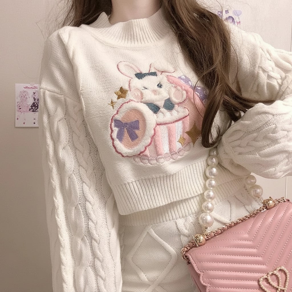 Vusy Kawaii Shop Official white cable knit sweater with embroidered bunny and pink accents, puff sleeves, mock neck.