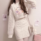 Vusy Kawaii Shop Official white cable-knit sweater and mini skirt set with bunny embroidery. Sweet Lolita style.
