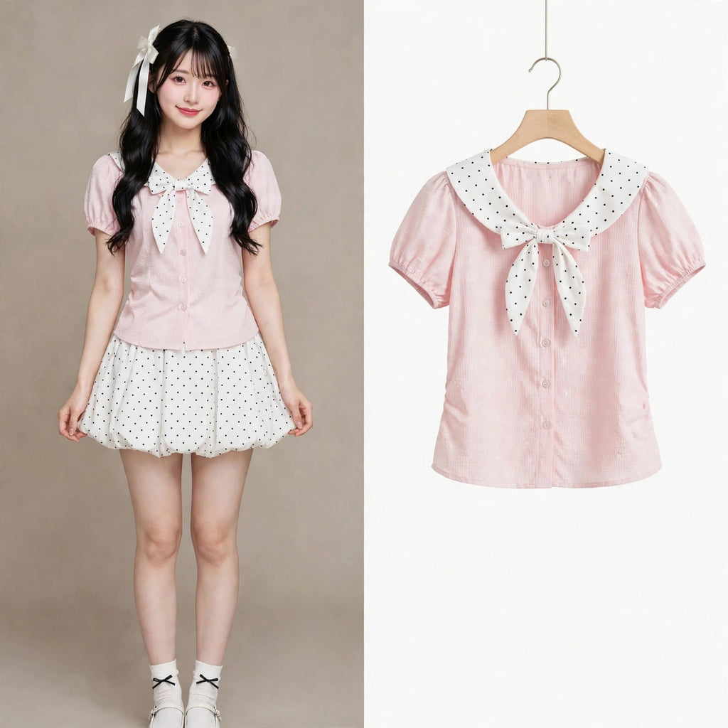 Women's Sweet Polka Dot Bow Collar Top & Mini Skirt Set