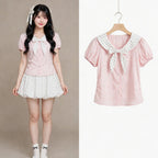 Women's Sweet Polka Dot Bow Collar Top & Mini Skirt Set