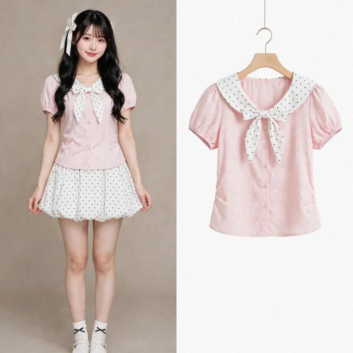 Women's Sweet Polka Dot Bow Collar Top & Mini Skirt Set