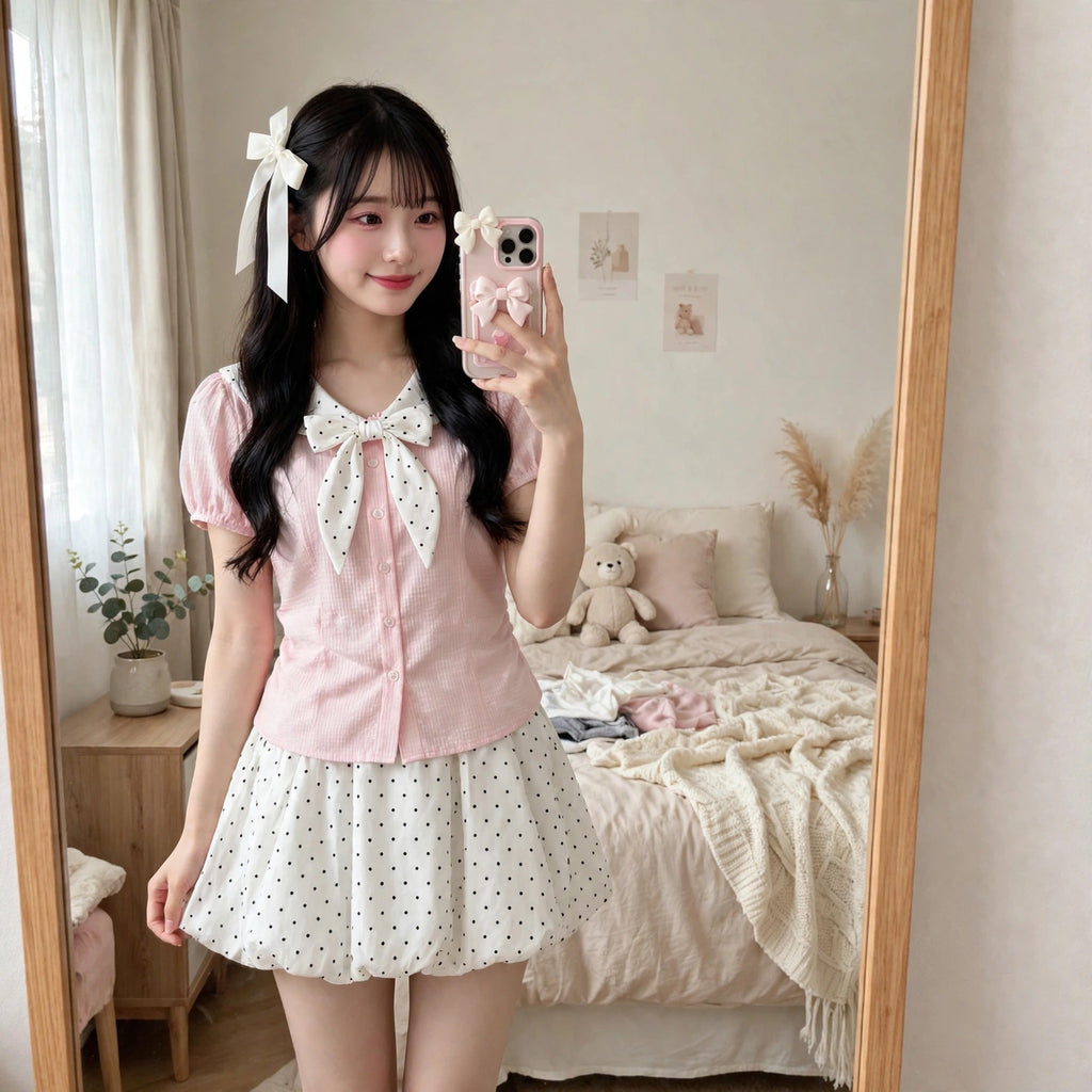 Women's Sweet Polka Dot Bow Collar Top & Mini Skirt Set