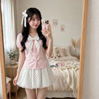 Women's Sweet Polka Dot Bow Collar Top & Mini Skirt Set