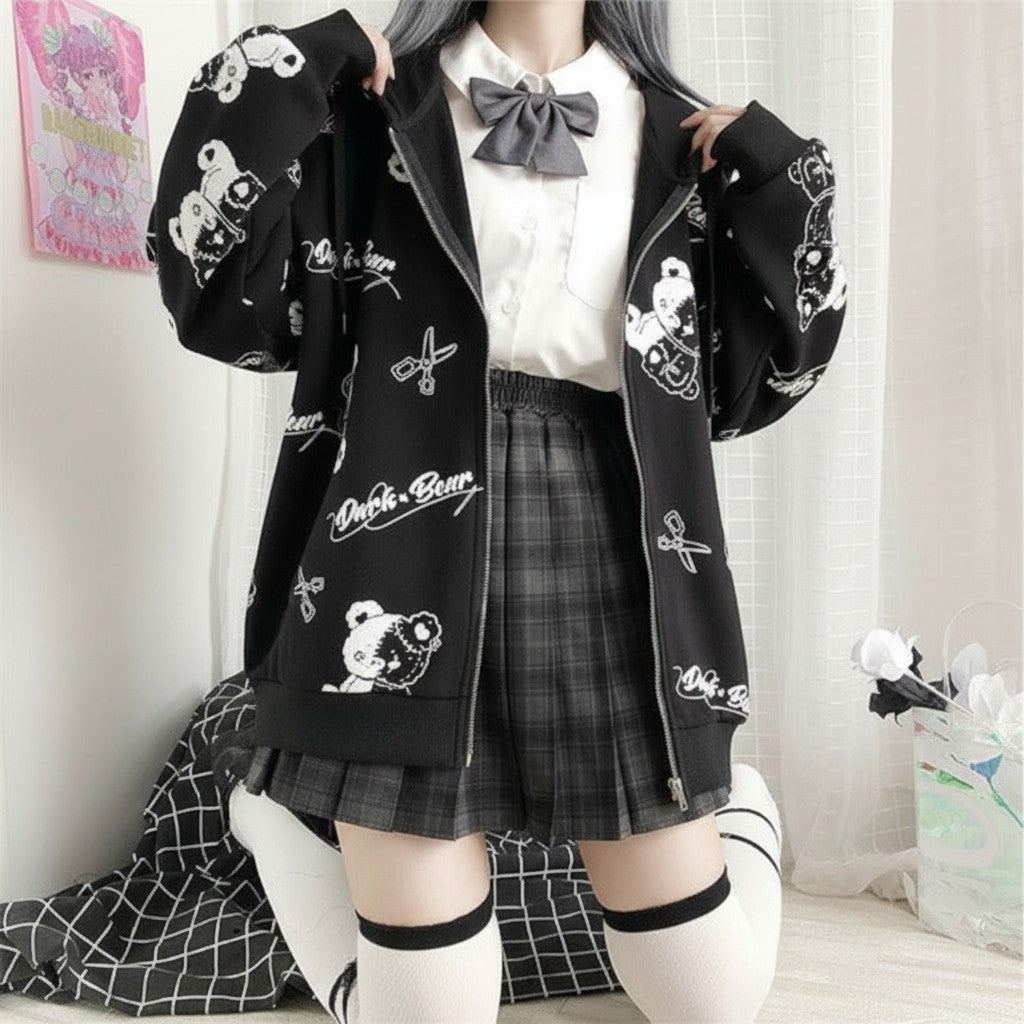 Vusy Kawaii Shop Official black hooded zip-up sweatshirt with all-over cartoon bear and scissors print. Cotton-polyester blend.