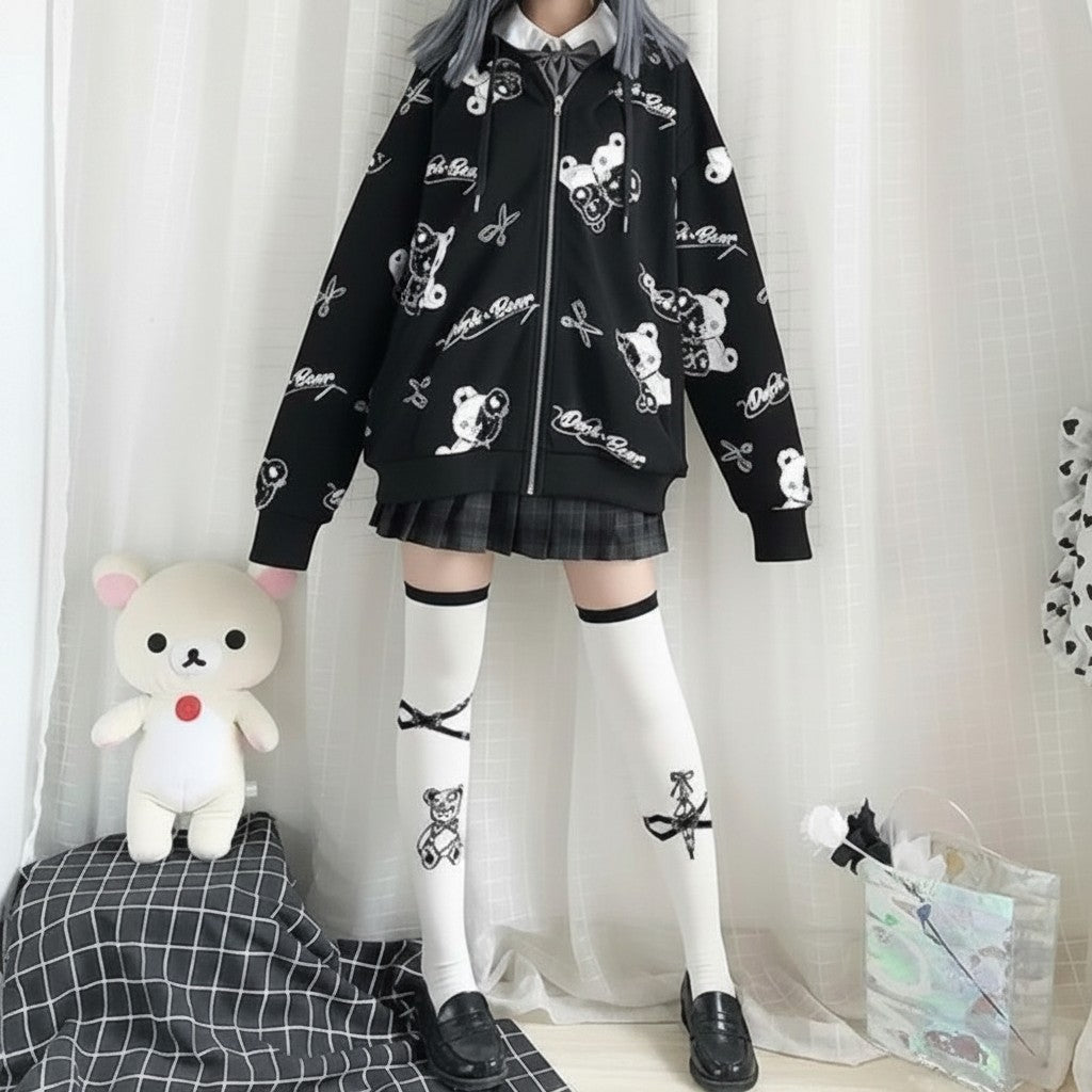 Vusy Kawaii Shop Official black hooded sweatshirt with all-over cartoon bear and scissors print, made from cotton-polyester blend.