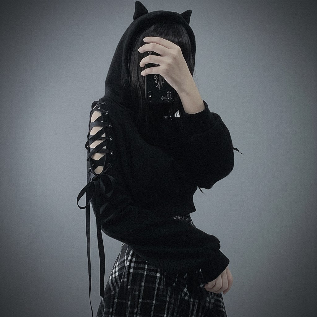 Vusy Kawaii Shop Official black cotton-polyester blend hoodie with cat ears and lace-up sleeves.