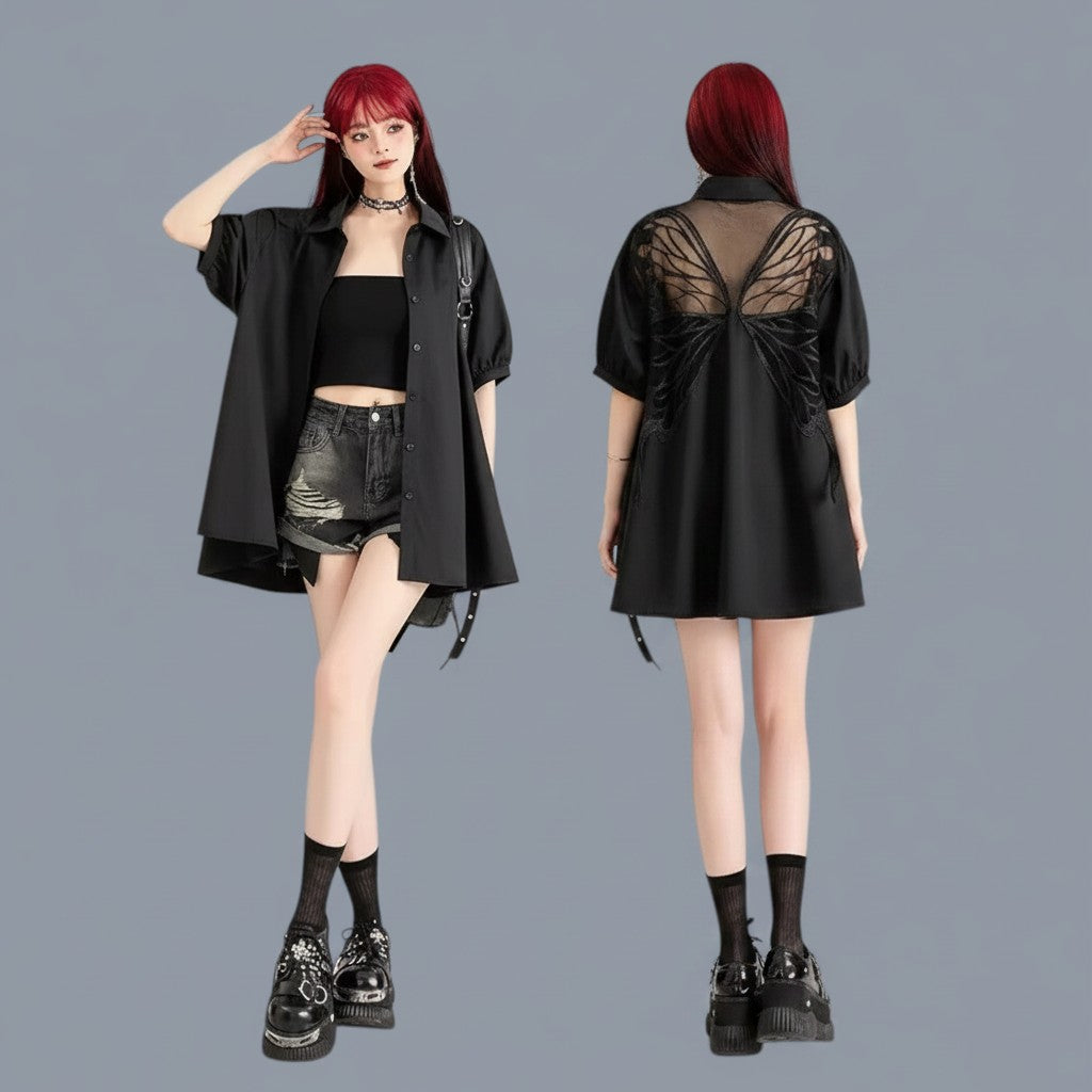 Vusy Kawaii Shop Official black loose long sleeve top with sheer butterfly wing detail on back, worn by a model with red hair.