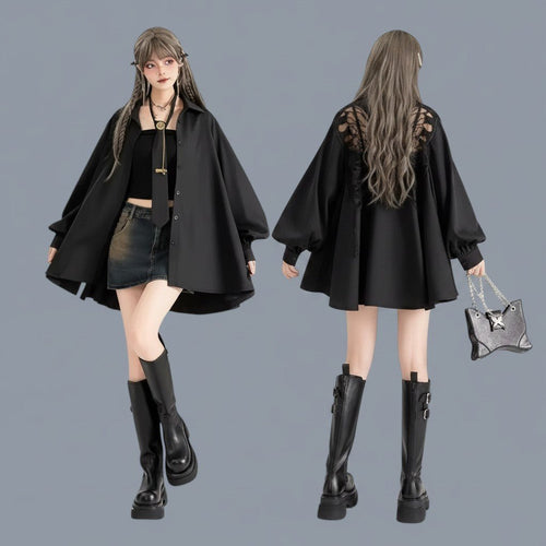 Vusy Kawaii Shop Official black loose long sleeve top with butterfly lace detail on back, worn by a model with a tie and denim skirt.