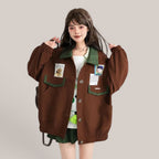 Vusy Kawaii Shop Official brown polyester-cotton blend bomber jacket with green plaid collar and patches, Japanese style.