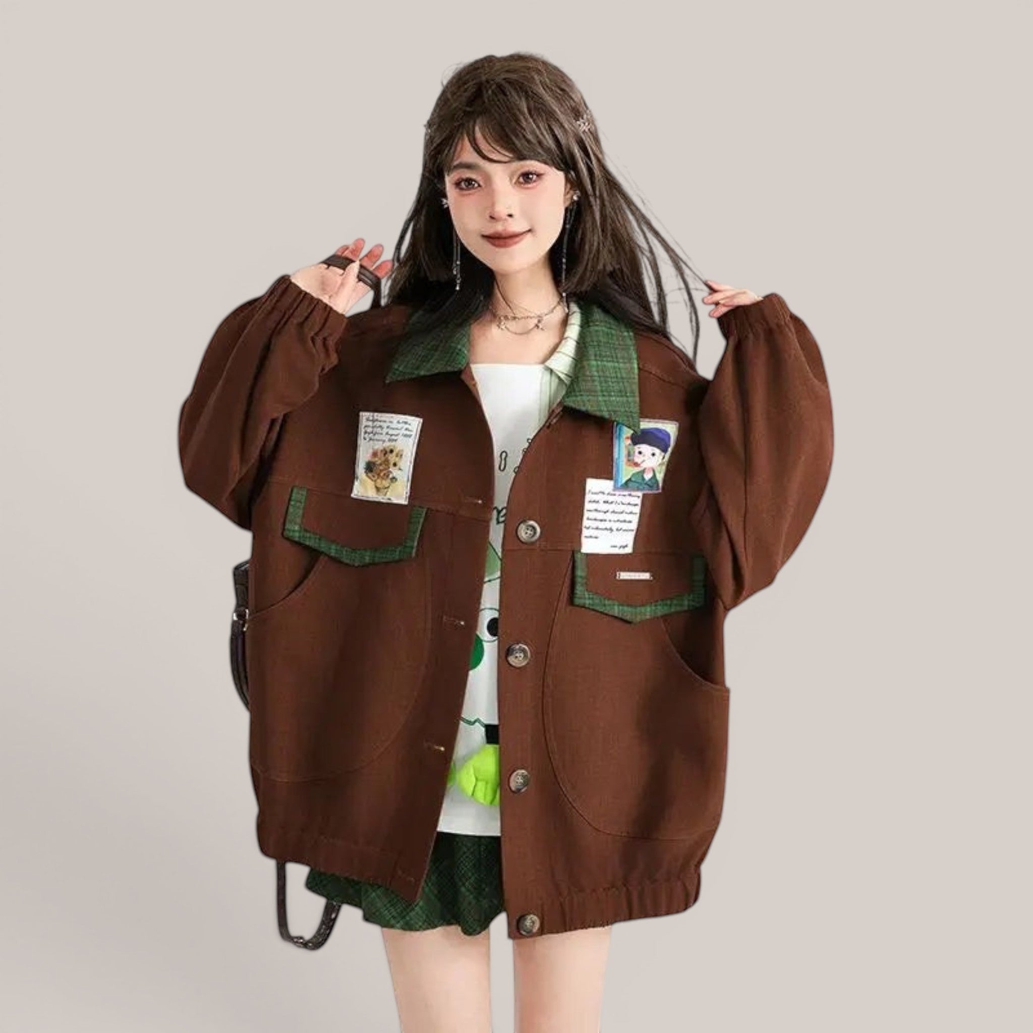 Vusy Kawaii Shop Official brown polyester-cotton blend bomber jacket with green plaid collar and patches, Japanese style.