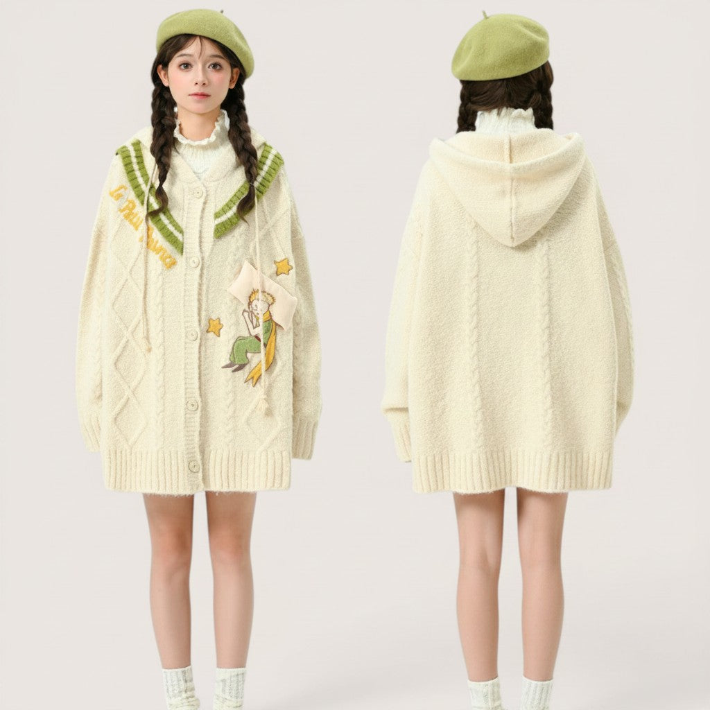 Vusy Kawaii Shop Official cream cable knit hooded sweater coat with The Little Prince embroidery and green striped collar.