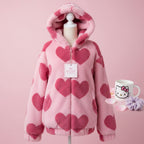 Vusy Kawaii Shop Official pink plush jacket with large hot pink heart print, hooded, zip-up front, and cozy oversized fit.