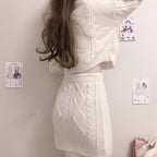 Vusy Kawaii Shop Official white cable knit mini skirt with high waist and matching cropped sweater.