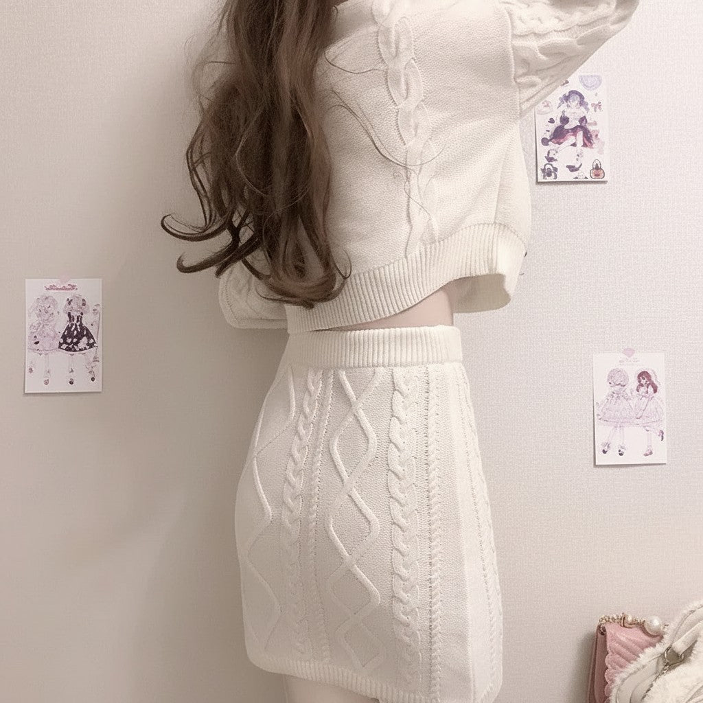 Vusy Kawaii Shop Official white cable knit mini skirt with high waist and matching cropped sweater.