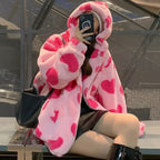 Vusy Kawaii Shop Official pink plush jacket with large hot pink heart print and hood. Cozy Japanese street style.
