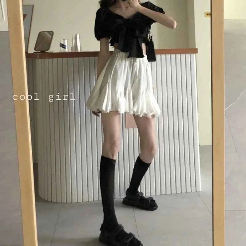 White Ruched High Waist Skirt for Kawaii Style