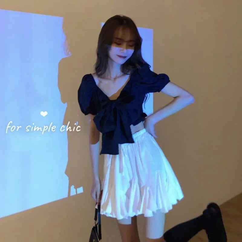 White Ruched High Waist Skirt for Kawaii Style