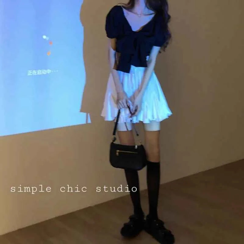 White Ruched High Waist Skirt for Kawaii Style