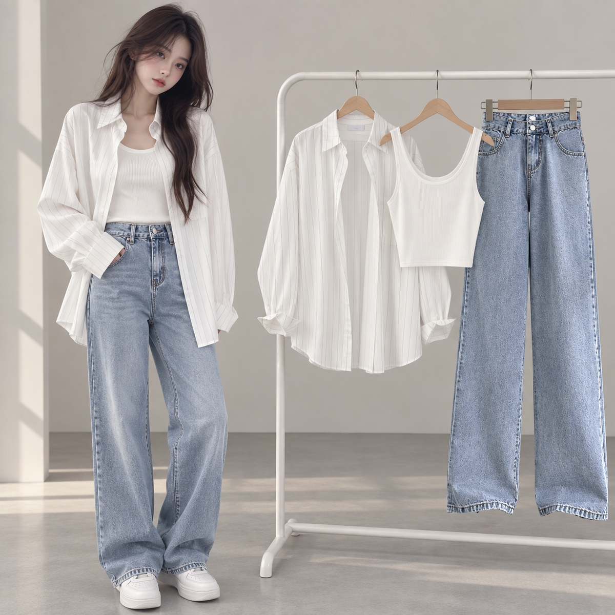 Pinstripe Shirt Knit Crop Top and Wide Leg Jeans 3-Piece Set pinstripe