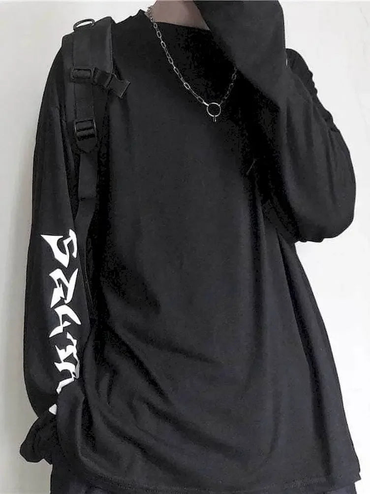 Black women's streetwear anime pullover with white graphic text on sleeve and casual fit