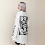 White women's streetwear anime pullover with black manga graphic on back and sleeve print