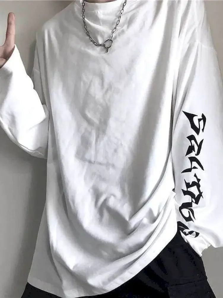 White women's streetwear anime pullover with black sleeve text and relaxed fit from Vusy Kawai Shop