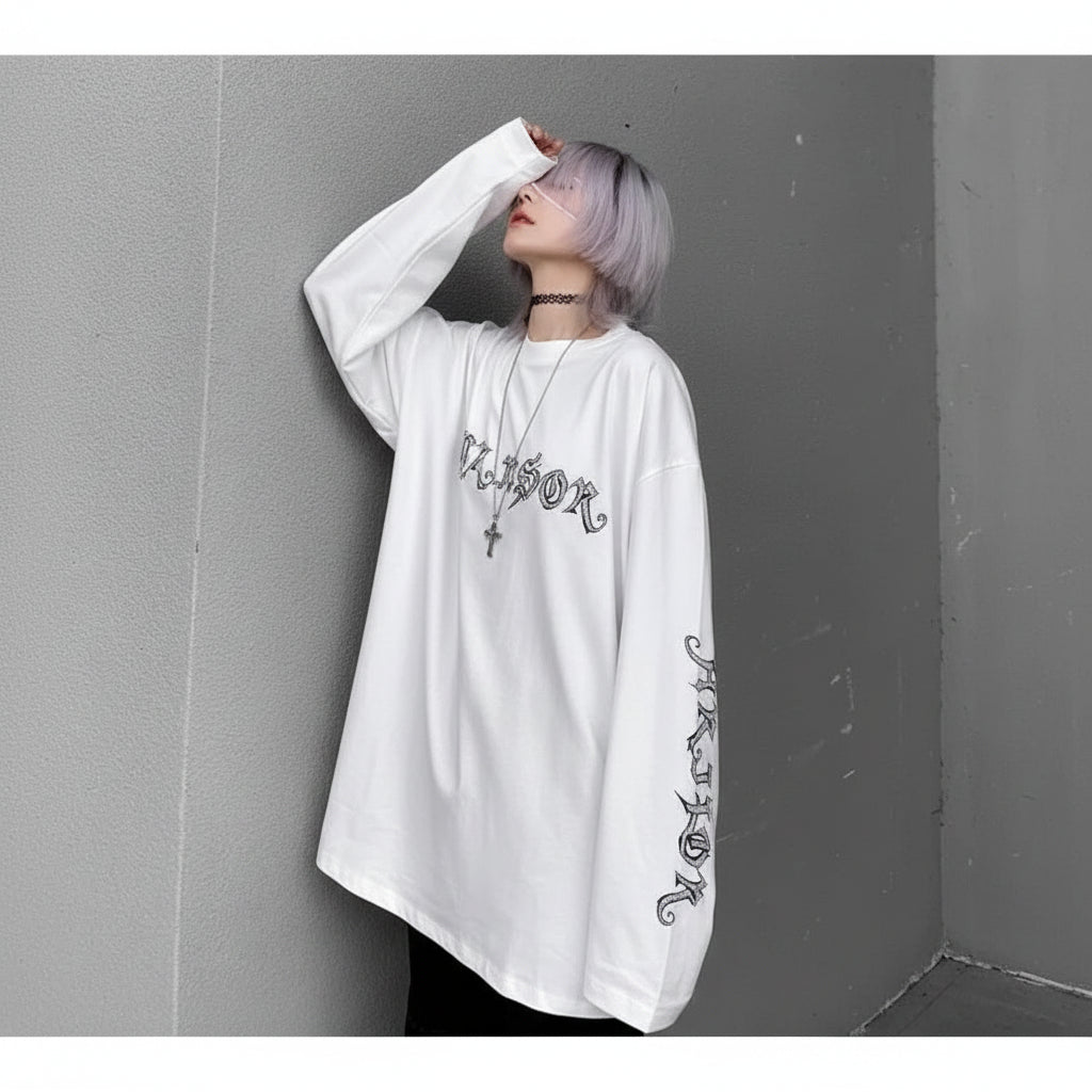White women's streetwear anime pullover with black Gothic text print on sleeve and chest