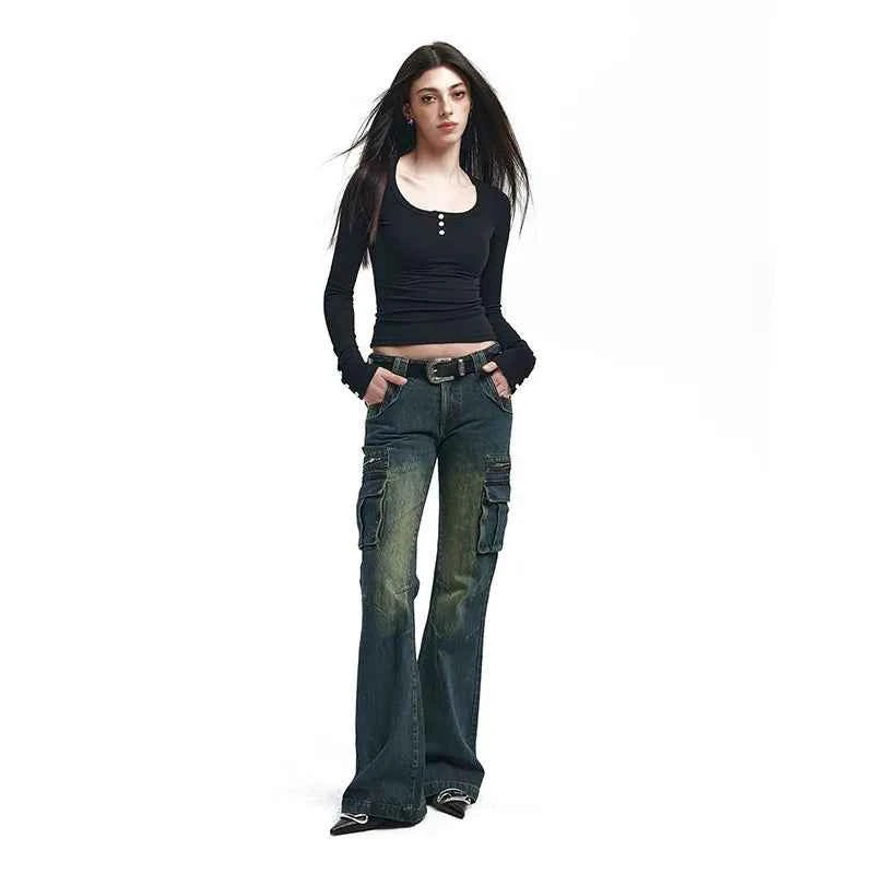 Vusy Kawai Women's Blue Baggy Cargo Jeans for Trendy Style