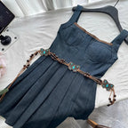 Women's ethnic sleeveless summer dress in dark blue with butterfly bead belt from Vusy Kawai Shop
