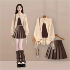 Women's khaki beige blouse brown knit top and pleated mini skirt set hero