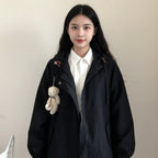 Black women's preppy style korean streetwear coat with a teddy bear keychain accessory
