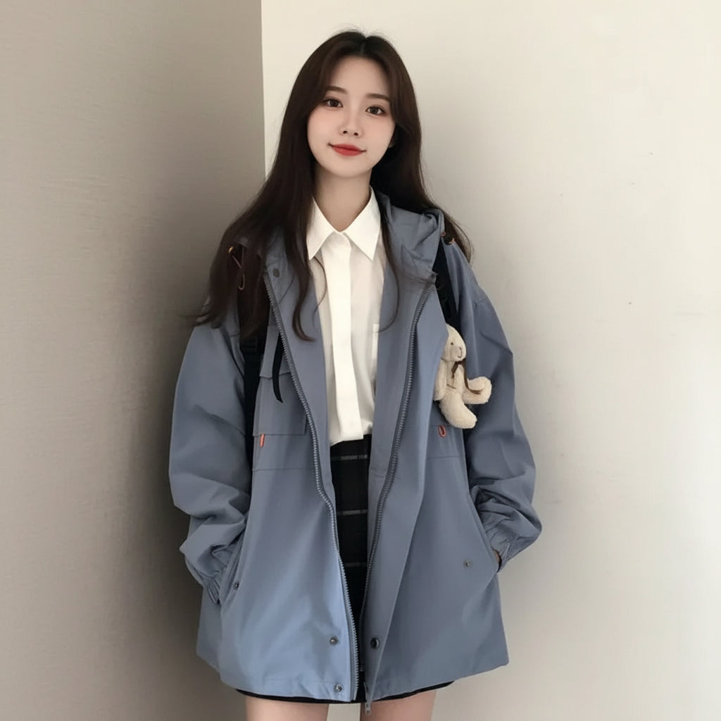 Women's preppy style Korean streetwear coat in light blue with zipper and hood from Vusy Kawai Shop