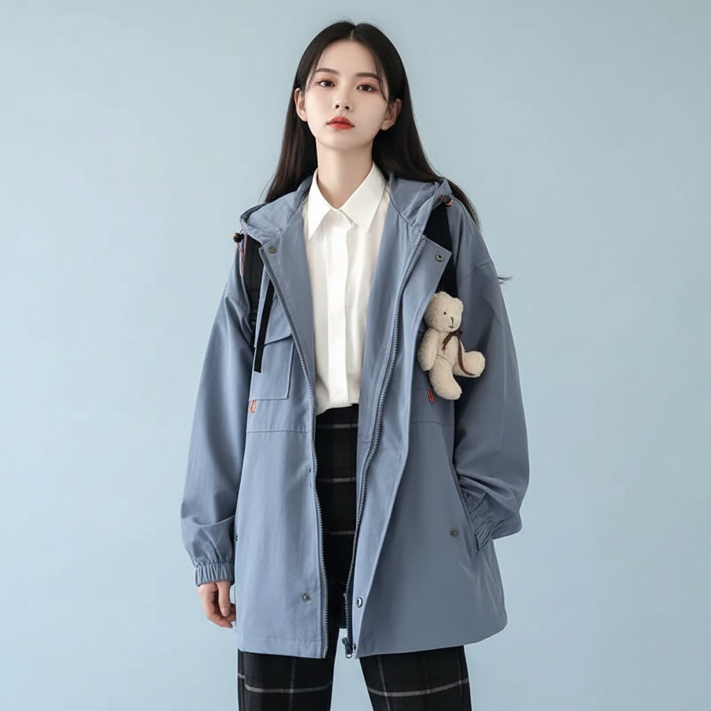 Women's preppy style Korean streetwear coat in blue oversized fit with hood and zip closure