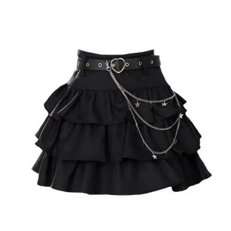 Black tiered skirt with silver star chains and heart buckle belt women's punk plaid skirt set