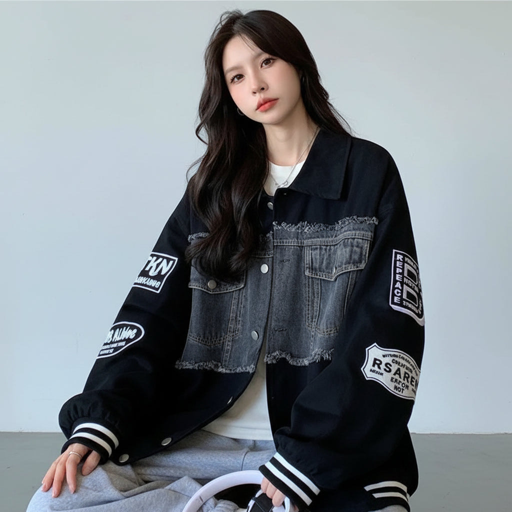 Women's retro denim baseball jacket with patch details and black sleeves from Vusy Kawai Shop
