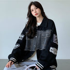 Women's retro denim baseball jacket with patch details and black sleeves from Vusy Kawai Shop