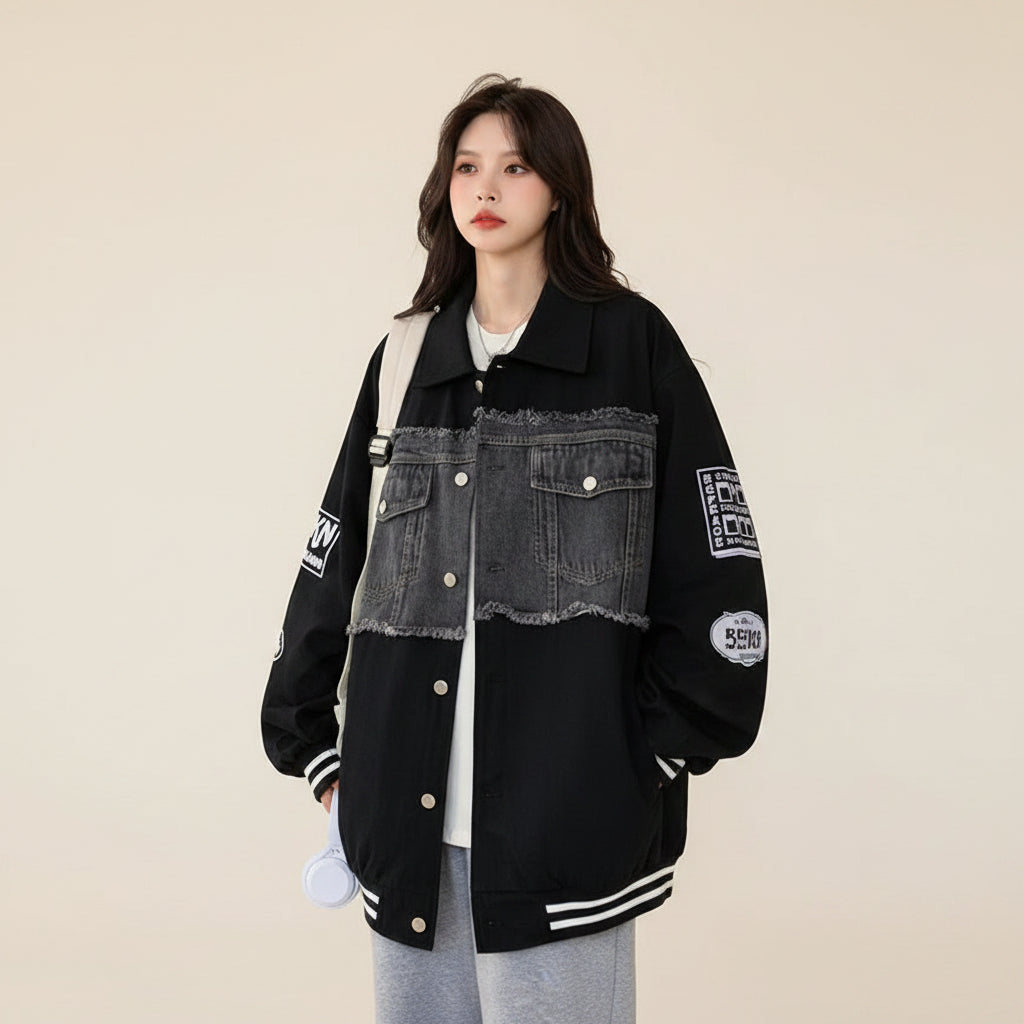 Women's retro denim baseball jacket from Vusy Kawai Shop featuring black and faded denim design