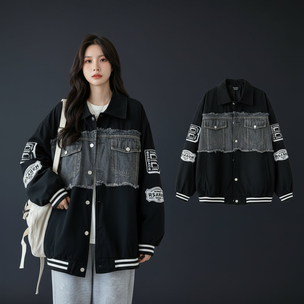 Women's retro denim baseball jacket with black and gray color block design and striped cuffs