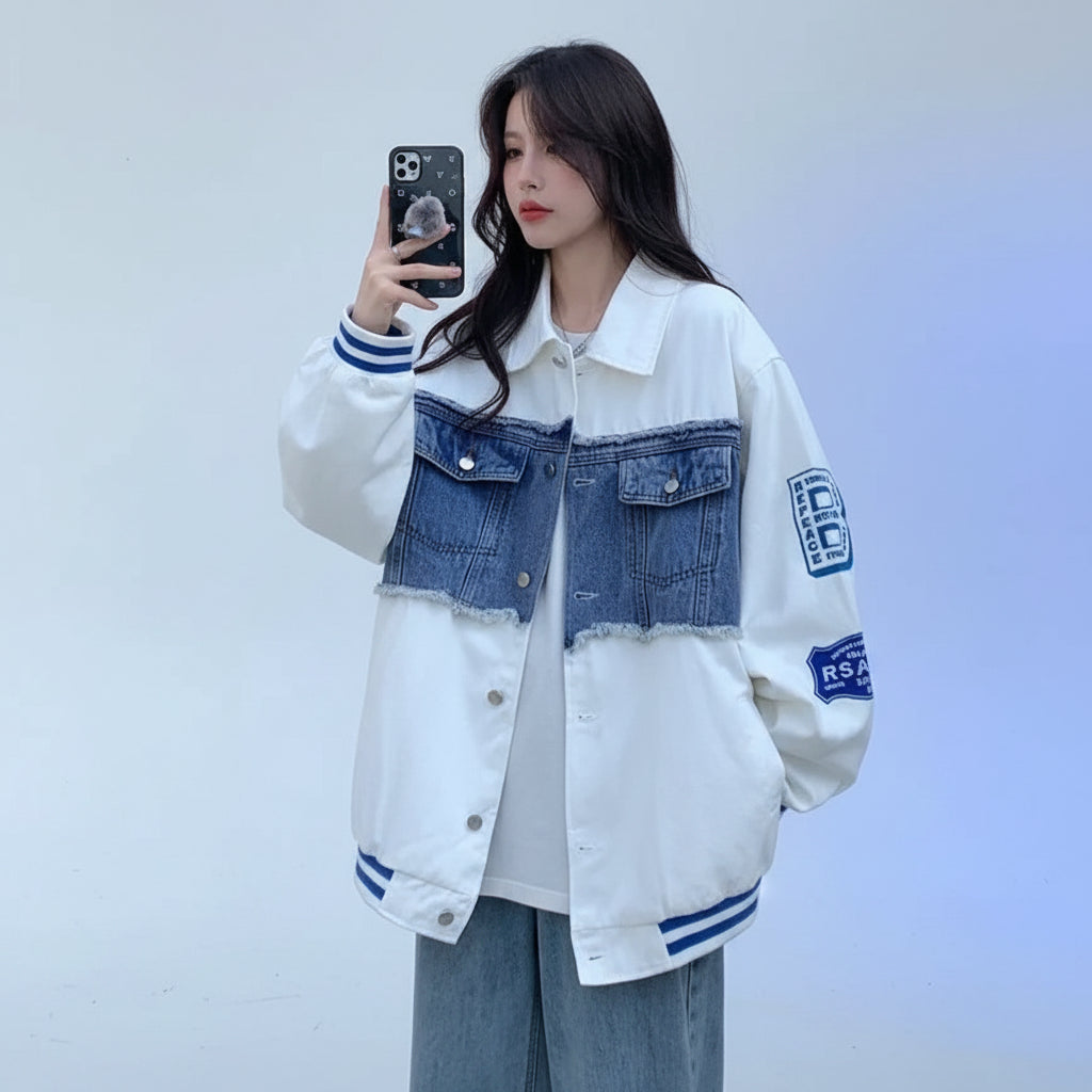 Women's retro denim baseball jacket with white body and blue denim chest panel from Vusy Kawai Shop