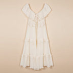 Womens sleeveless denim dress set in light beige with ruffled off-shoulder neckline and tiered skirt