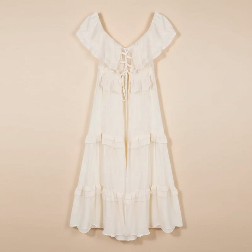 Womens sleeveless denim dress set in light beige with ruffled off-shoulder neckline and tiered skirt