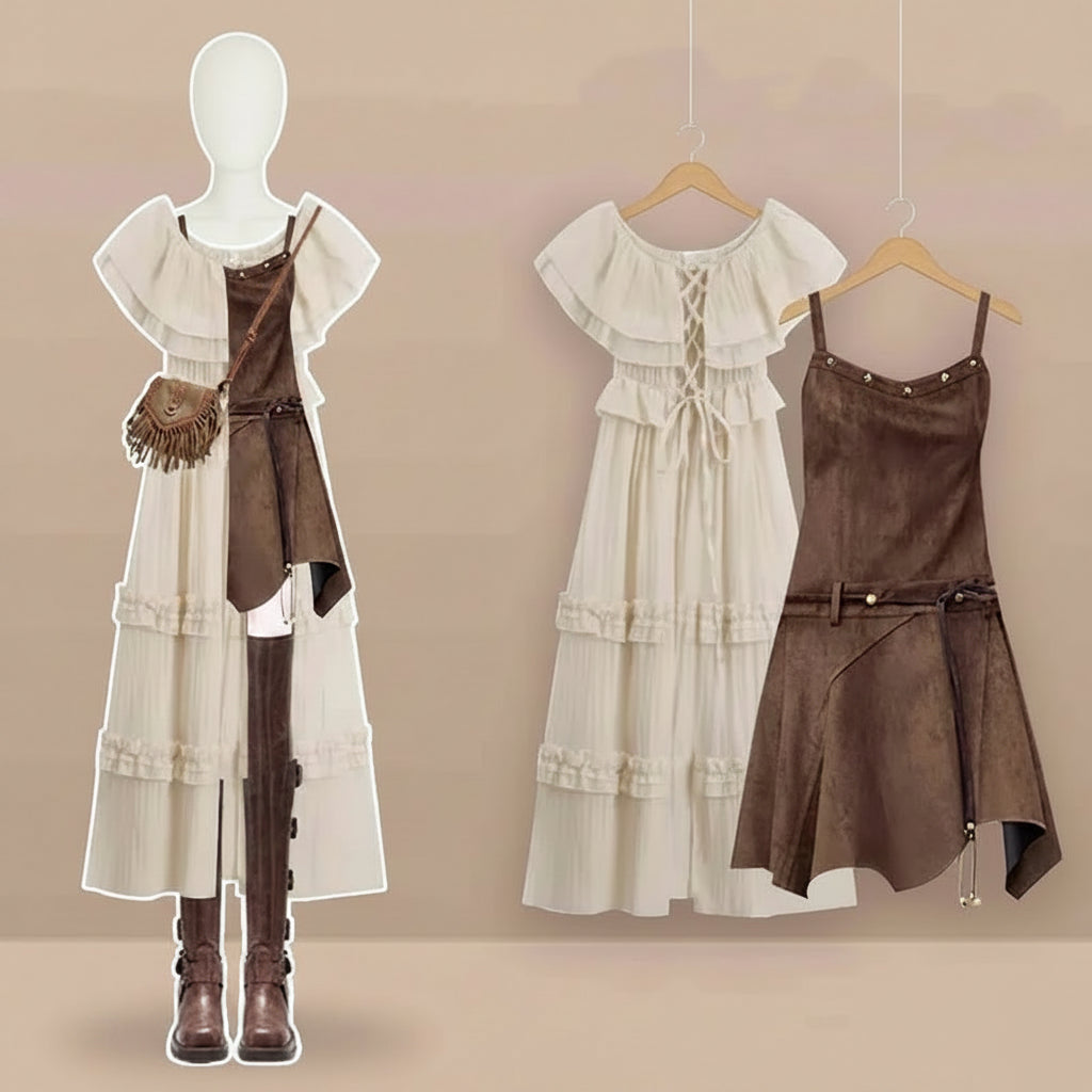 Womens sleeveless denim dress set featuring a layered cream dress and brown asymmetrical sleeveless top with belt