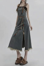 Womens sleeveless denim dress set with frayed hem and decorative waist belt showcased by Vusy Kawai Shop