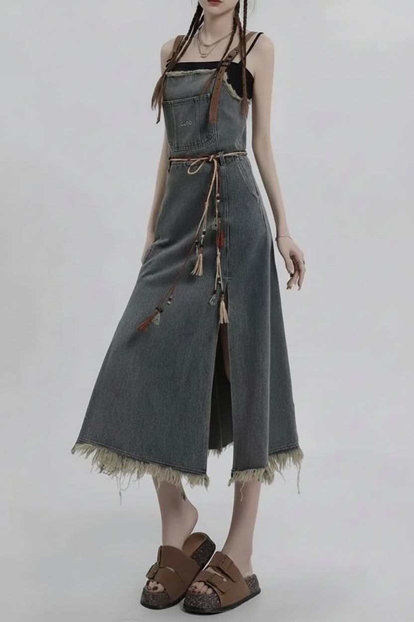 Womens sleeveless denim dress set with frayed hem and decorative waist belt showcased by Vusy Kawai Shop