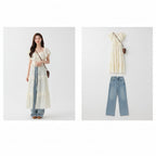 Woman wearing womens sleeveless denim dress set with light outer layer standing outdoors