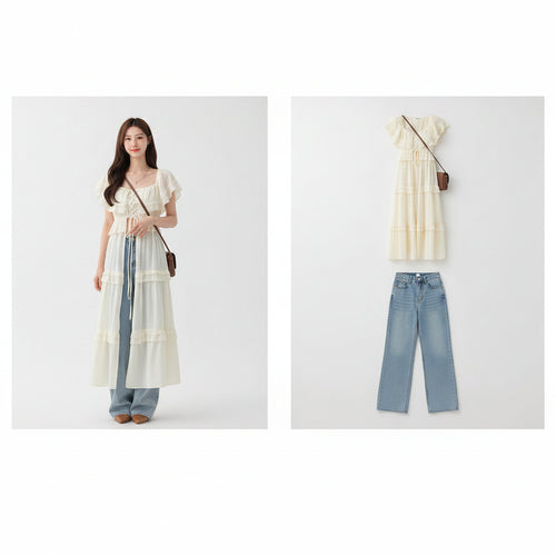 Woman wearing womens sleeveless denim dress set with light outer layer standing outdoors