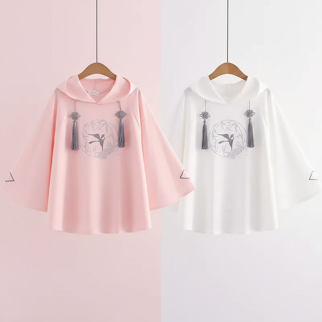 Women's spring autumn cute sweatshirt in pink and white with tassel hood and ballet dancer print