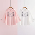 Women's spring autumn cute sweatshirt in pink and white with tassel hood and ballet dancer print