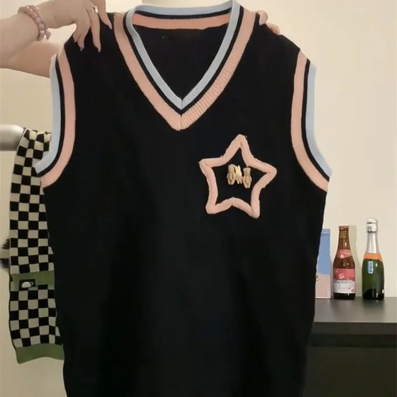 Women's Spring Fall Preppy Bandage Knit Vest with star design on black sleeveless sweater