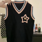 Women's Spring Fall Preppy Bandage Knit Vest with star design on black sleeveless sweater